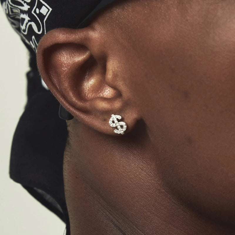 American Full Diamond Dollar Letter Stud Men's Senior Sense Super Flash Hip Hop Trend Niche Men's And Women's Fashion Earrings