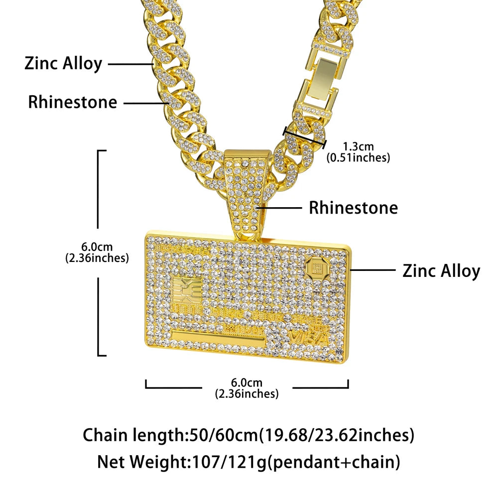 Men's Hip Hop Credit VISA Card Pendants With 13mm Miami Cuban Chain Iced Out Bling Bank Card Necklaces Fashion Jewelry for Woman