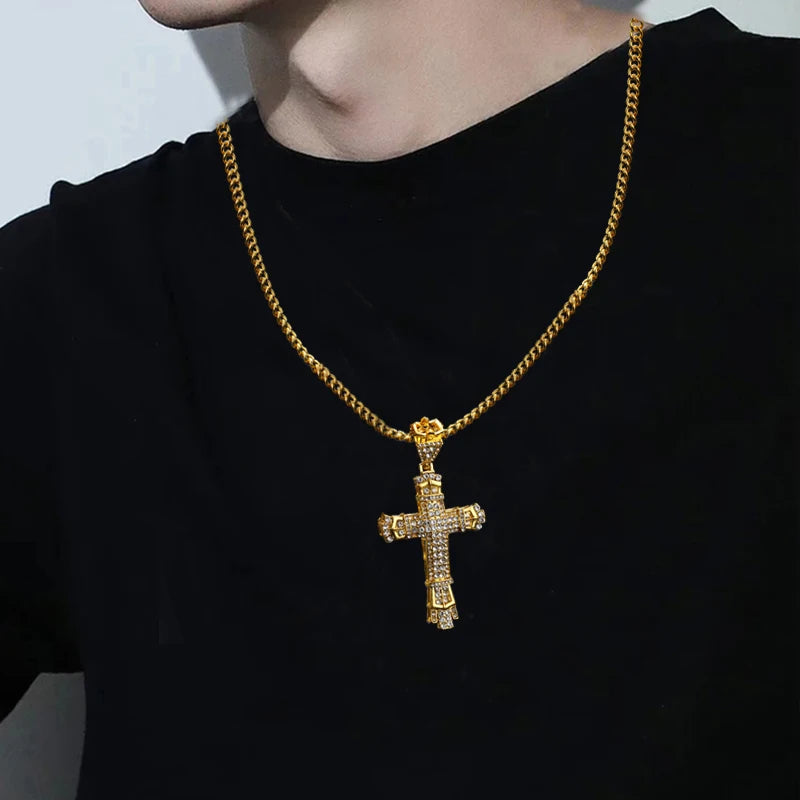 Gold Iced Out Cross Pendant Necklace Vintage Link