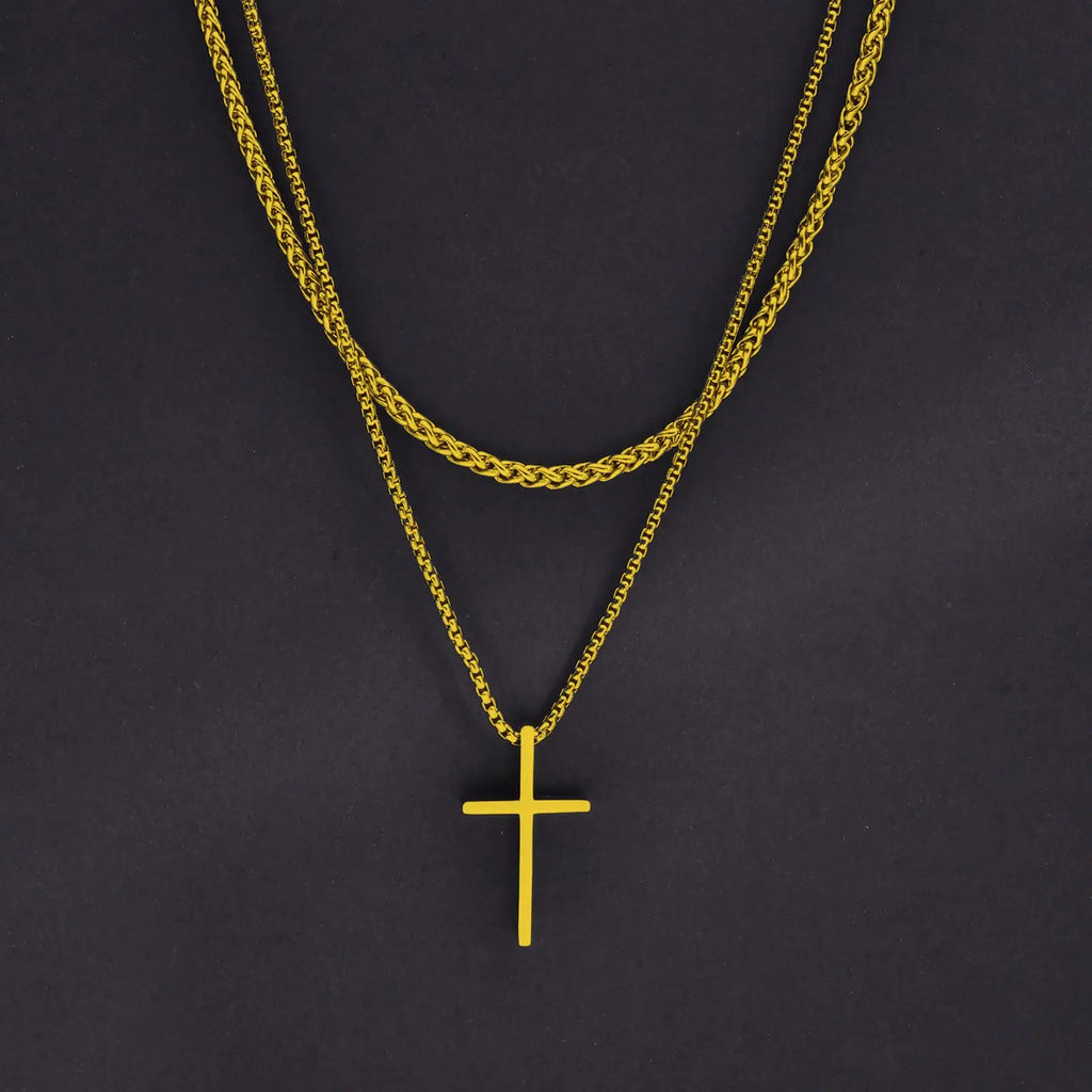 Vnox Dropshipping Mens Cross Necklaces Stainless Steel Layered Plain Cross Pendant Rope Box Chain Necklace Prayer Jesus Collar