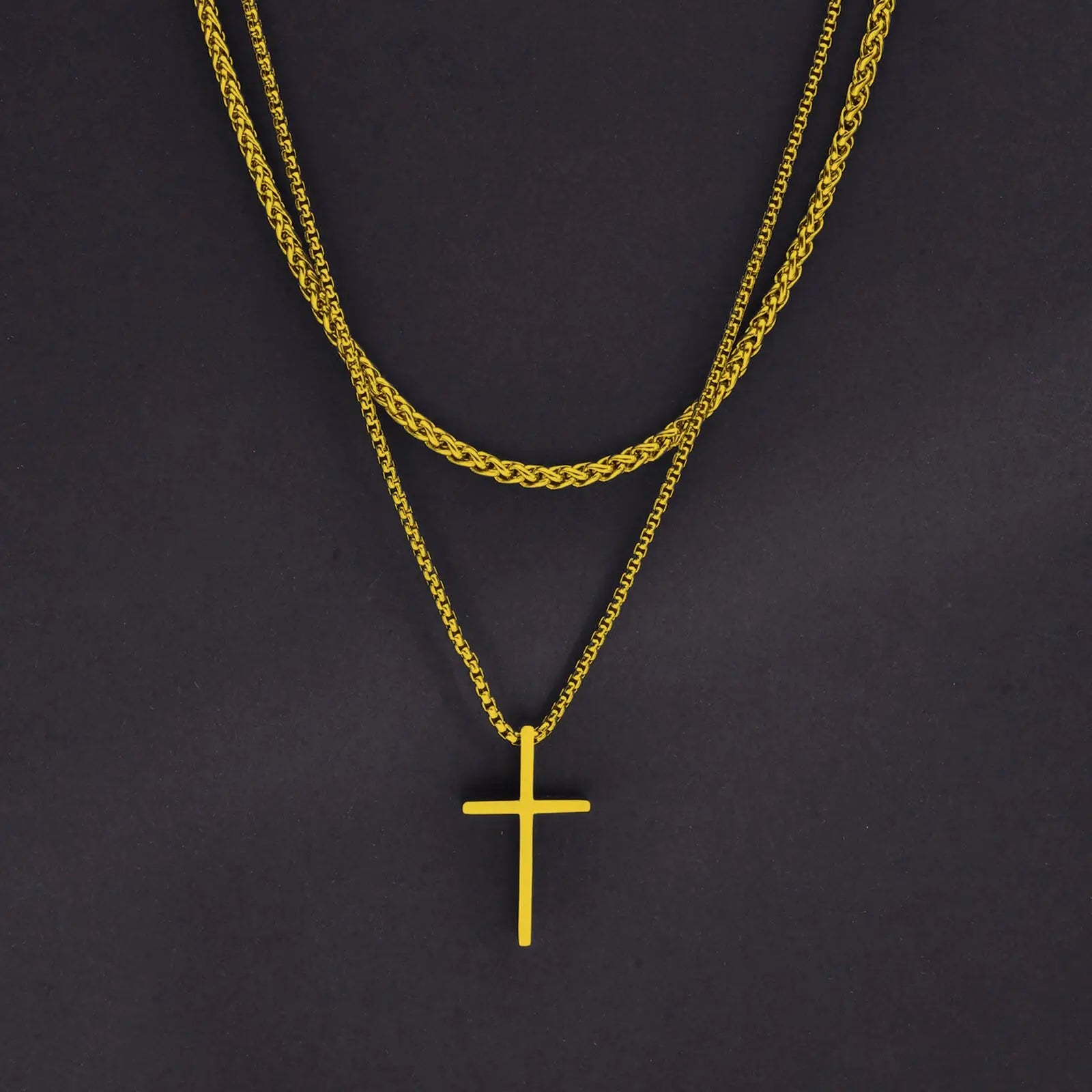 Vnox Dropshipping Mens Cross Necklaces Stainless Steel Layered Plain Cross Pendant Rope Box Chain Necklace Prayer Jesus Collar