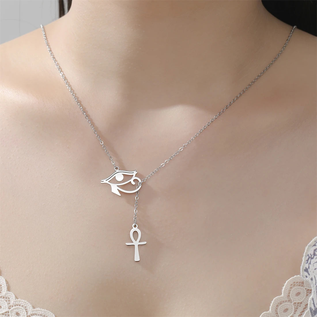 Eye of Horus Ankh Cross Pendant Necklace — Stainless Steel