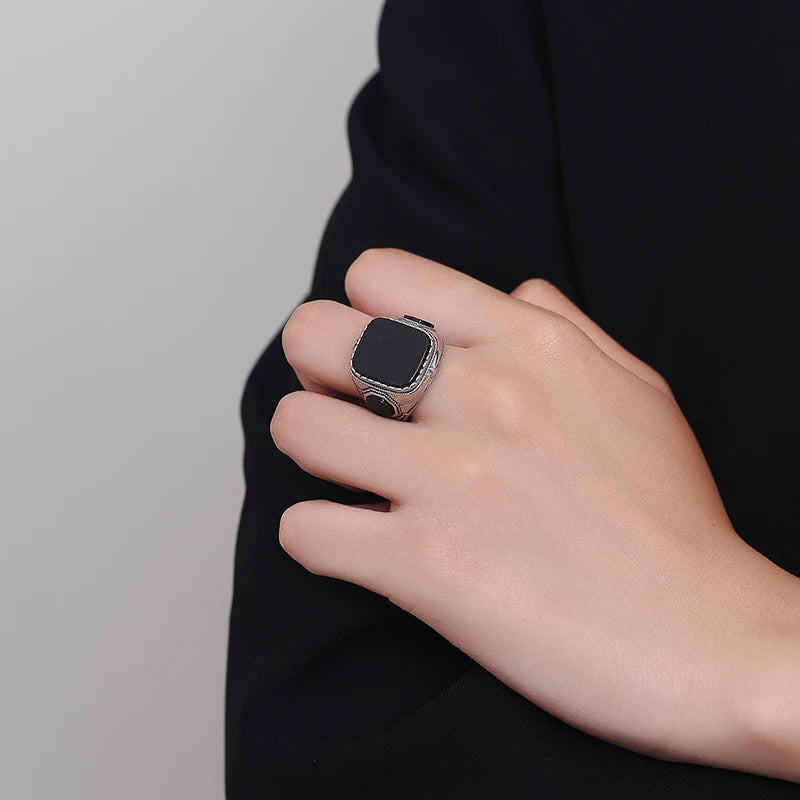 Silver Jewelry Ring Natural 14*16mm Big Black Agate Stone Vintage Ring For Women Party Gifts