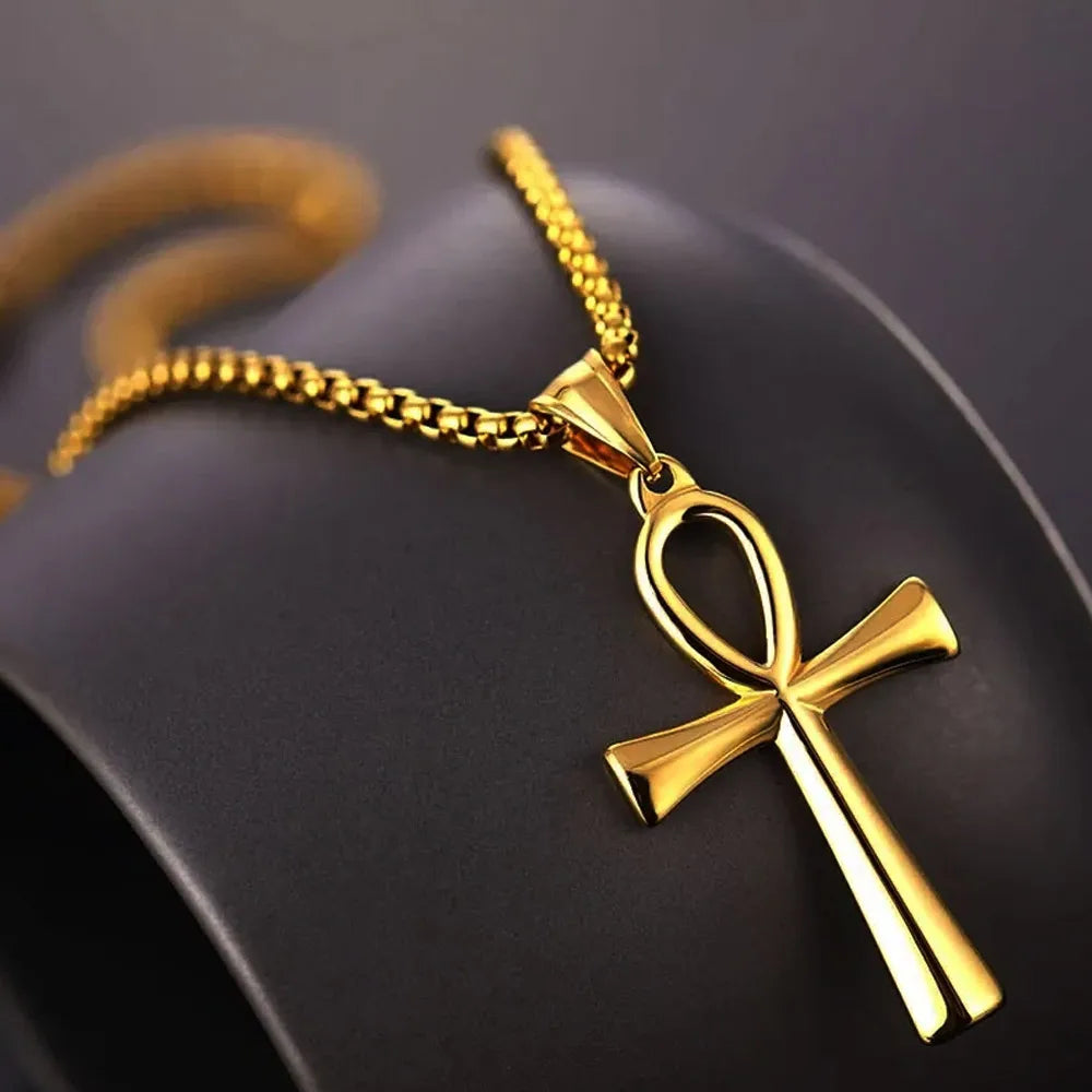 Retro Simple Egyptian Anka Cross Stainless Steel Pendant Necklace Popular Fashion Men and Women Outdoor Party Myth Jewelry Gifts