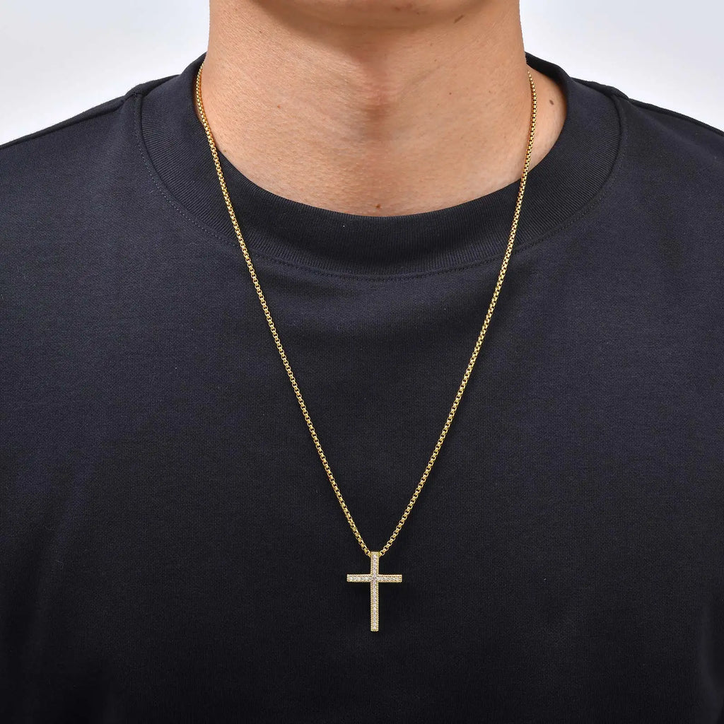 Hip Hop Cool AAA Cubic Zircon Cross Necklace for Men, Stainless Steel Chain Vintage Cross Pendant, Religious Punk Jewelry