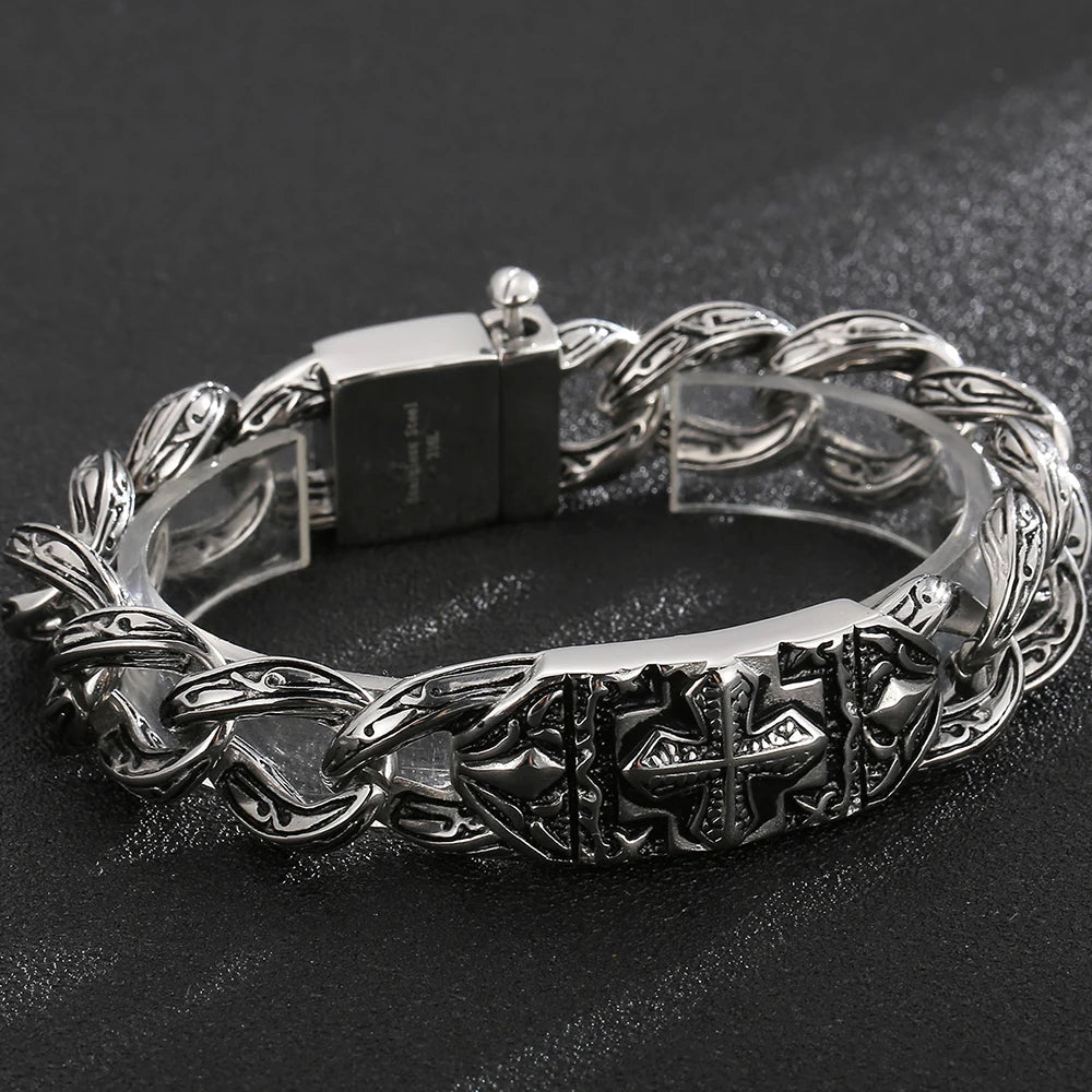 Man Bracelet Homme 12MM Wide Stainless Steel Curb Chain Charm Bracelets On Hand Bands for Men Vintage Mens Jewellery