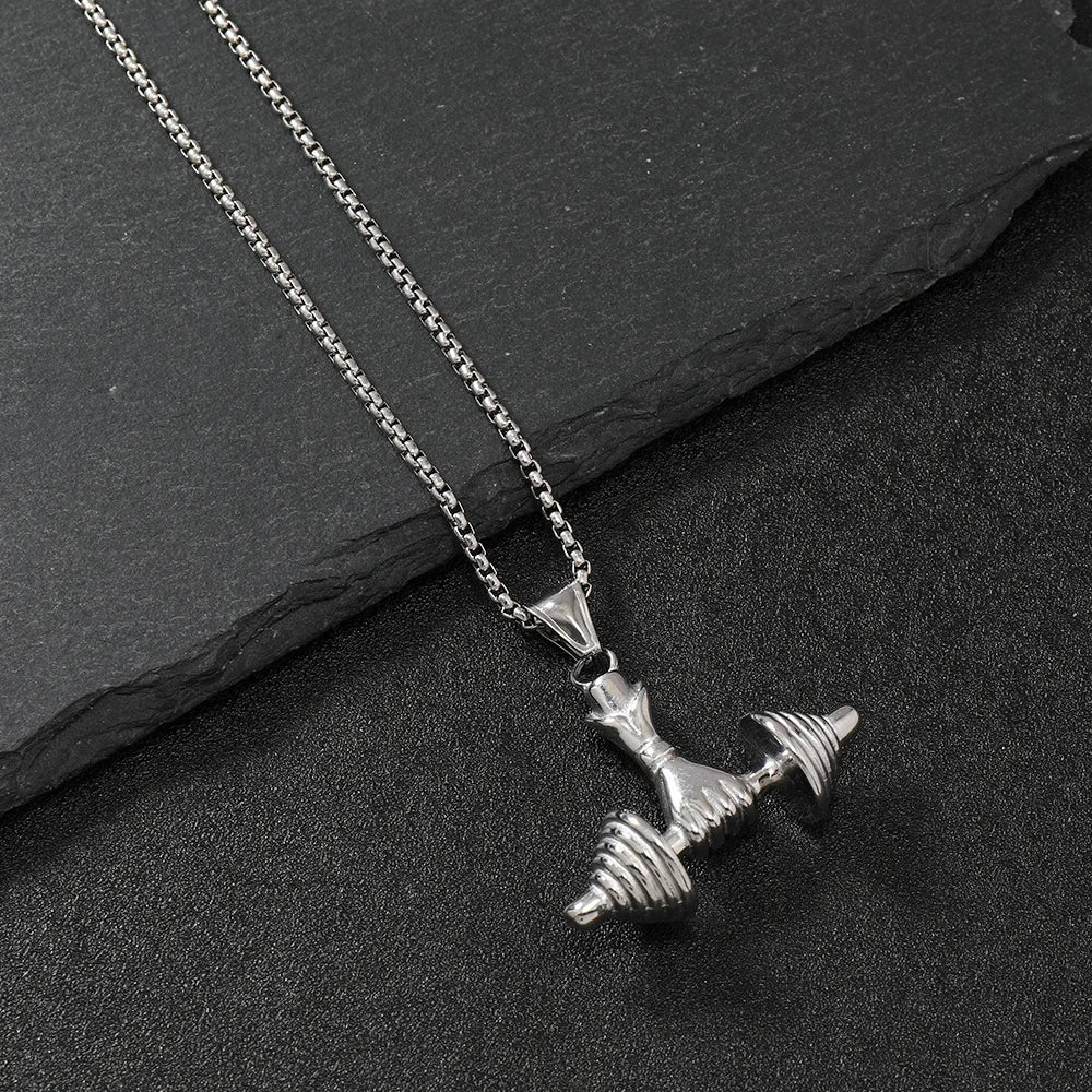 Fitness Dumbbell Pendant Necklace — Stainless Steel