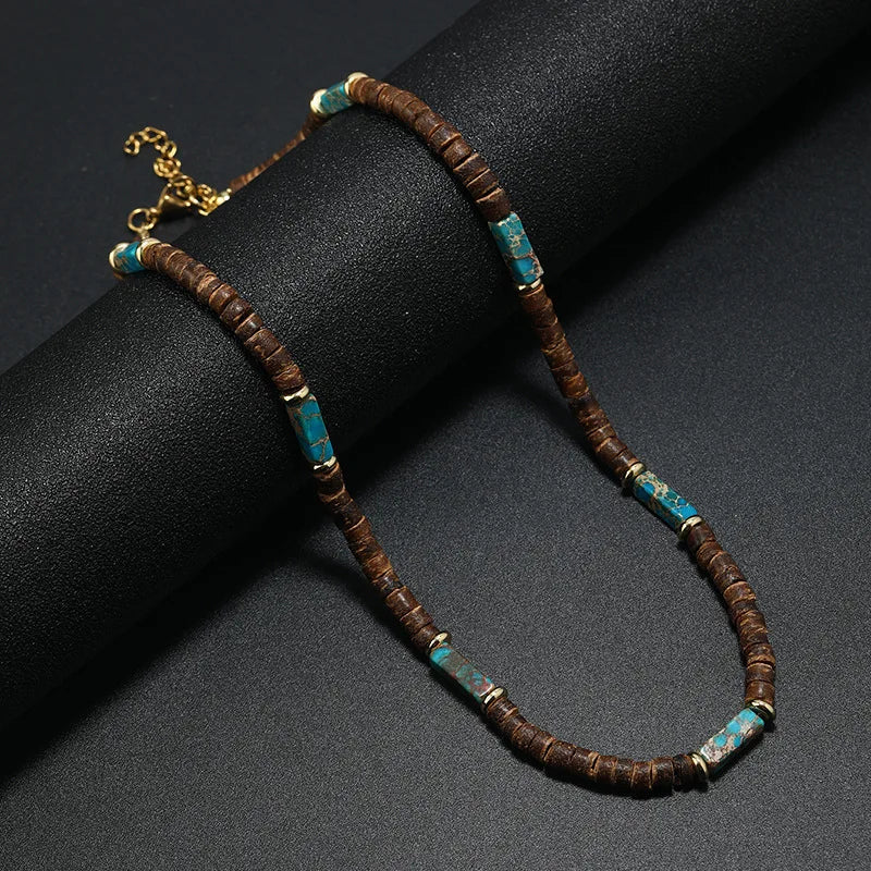 Vintage Bohemian Summer Jewelry Ethnic Style Jewelry Brown Coconut Shell Wood Beads Natural Stone Necklace Men's Jewelry