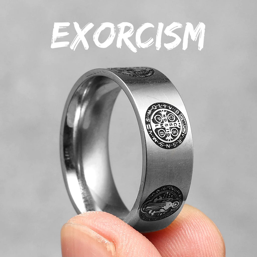 Saint Benedict Exorcism Ring Cross Amulet 316L Stainless Steel Mens Rings Rock for Male Friend Jewelry Creative Gift
