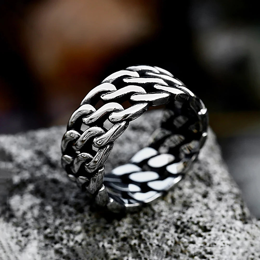 Simple Vintage Stainless Steel Link Chain Rings Punk Biker Fashion Creative Cuba Chain Ring For Men Women Jewelry Gift