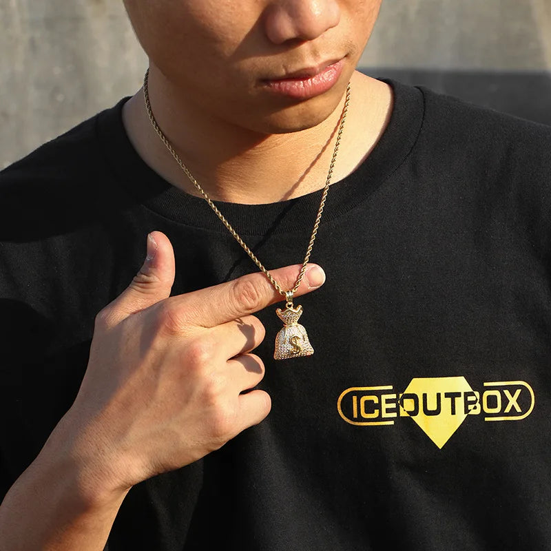 Iced Out Dollar Money Bag Pendant Necklace Hip Hop Full Zircon Unisex Cuban Chain Nightclub Party Jewelry Birthday Gift For Men