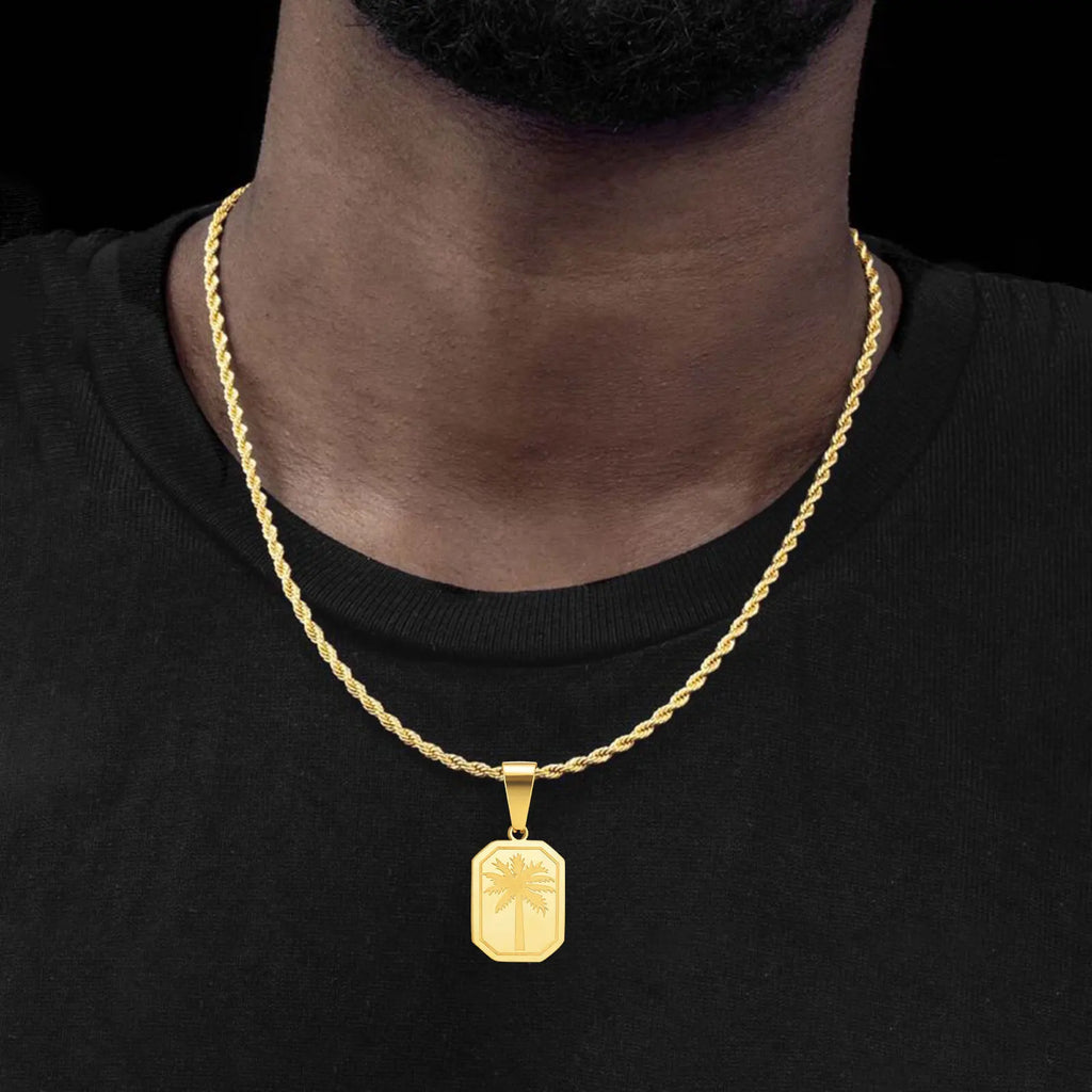 Palm Tree Square Pendant Necklace — Stainless Steel