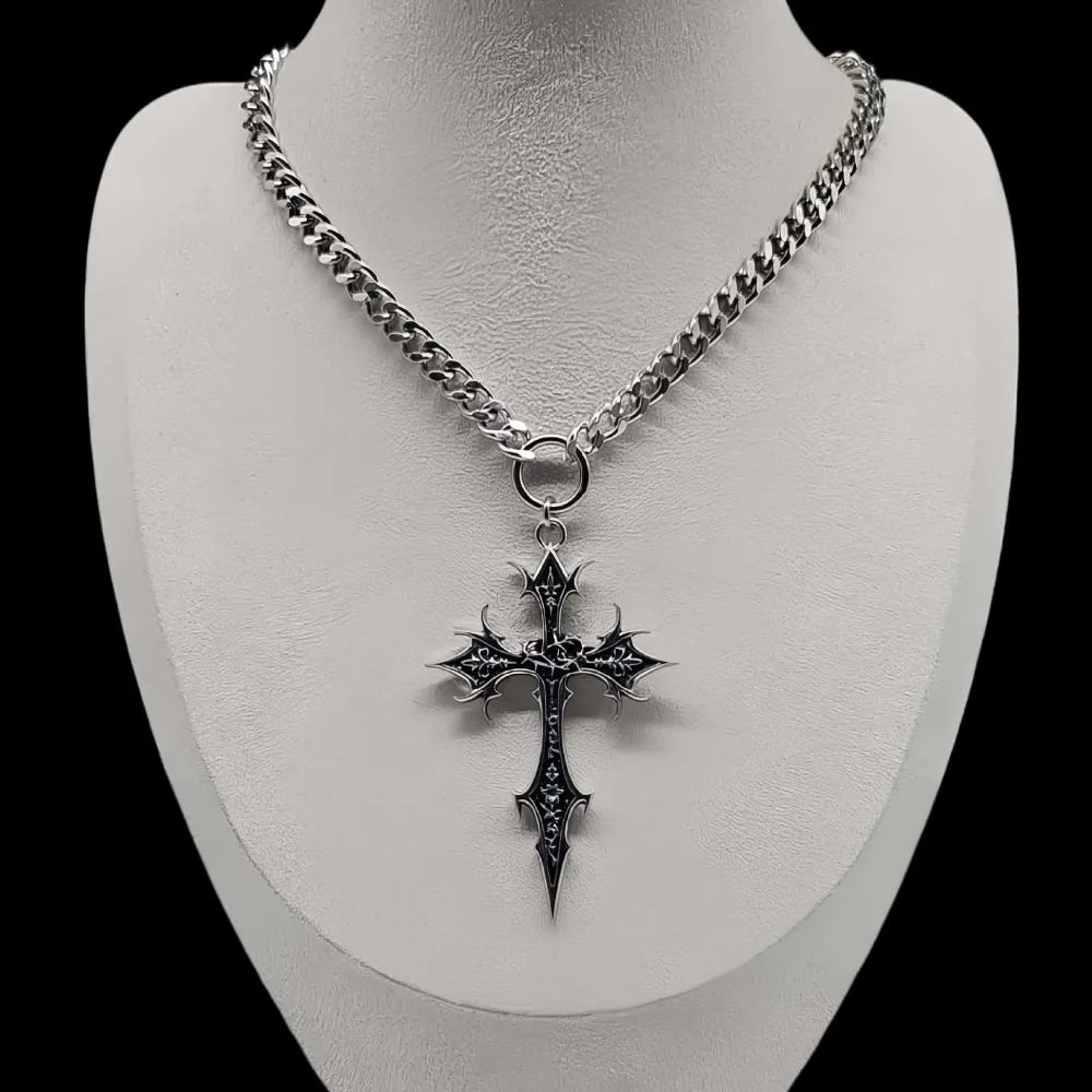 Gothic Rose Cross Pendant Choker Necklace — Stainless Steel