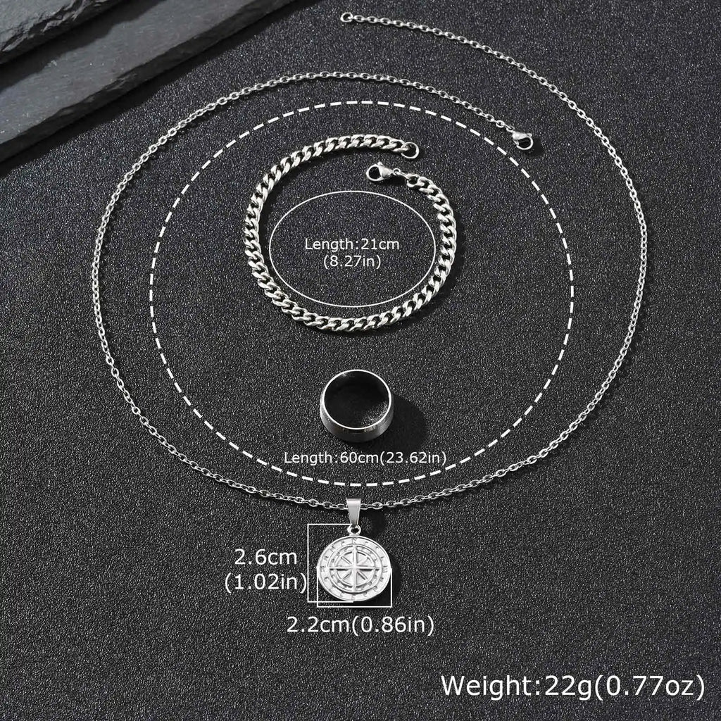 3pcs Classic Compass Necklace Set Gift for Men,Silver Gold Color Stainless Steel Bracelet Ring,Simple Jewelry Set