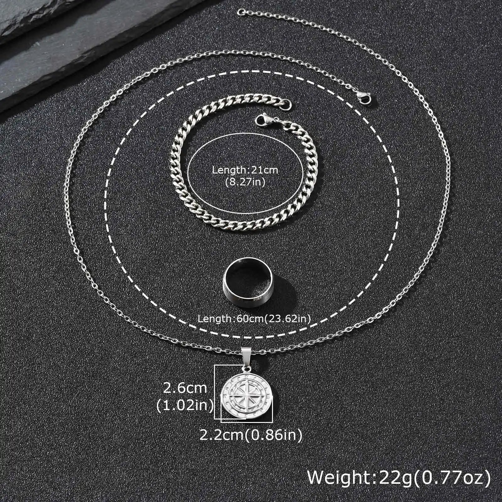 3pcs Classic Compass Necklace Set Gift for Men,Silver Gold Color Stainless Steel Bracelet Ring,Simple Jewelry Set