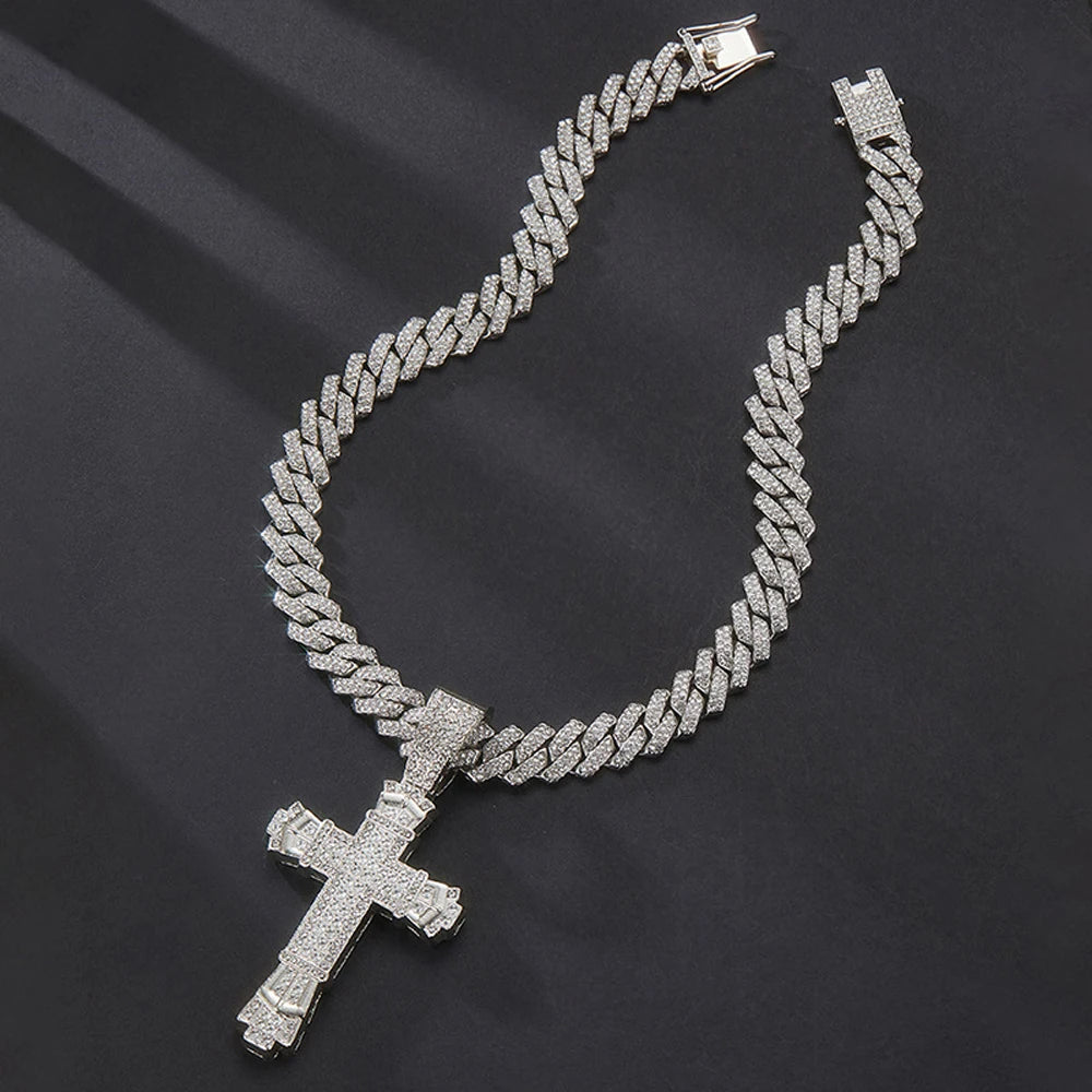 Iced Out Cross Pendant Necklace with Miami Cuban Chain Link