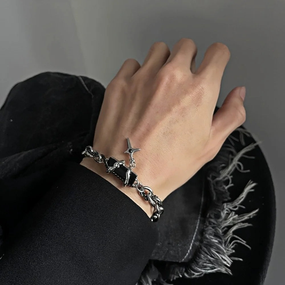 Hip Hop Black Crystal Bracelet Simple Cuban Chain Silver Color Stainless Steel Men Bracelet Retro Jewelry Trendy