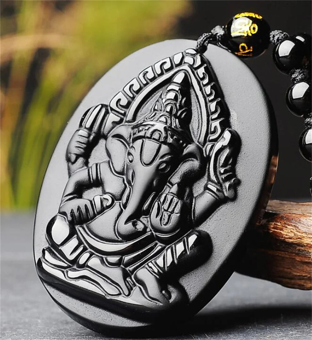 Black Obsidian Elephant Buddha Wealth Necklace — Black-Tone