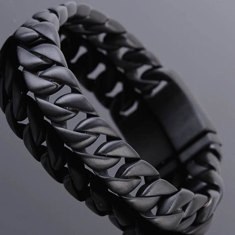 Matte Black Stainless Steel On Hand Bracelet for Men Fashion Men's Bracelets Retro 12MM Curb Link Chain Male Jewelry