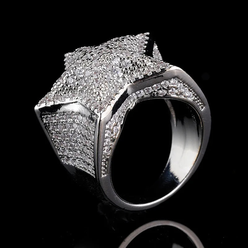 New in Hip-hop Style Trendy Fashion Star Rings for Women Domineering Inlaid Full Pentagram Female Ring Jewelry