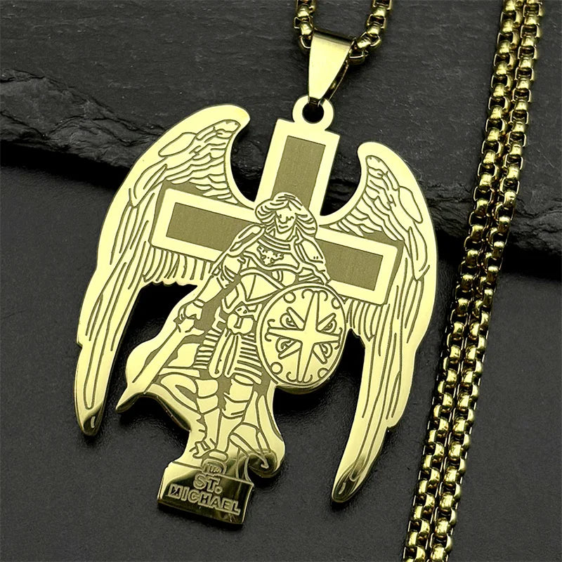 Archangel St.Michael Protect Us Cross Pendant Necklace for Women Men Stainless Steel Gold Color Saint Michael Chain Jewelry