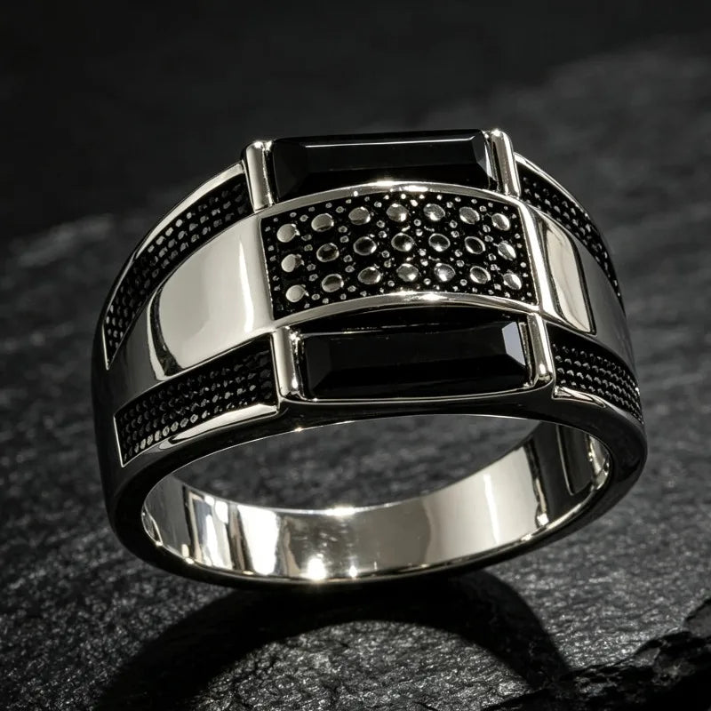 Retro Punk Statement Ring for Men — Silver-Tone, Black
