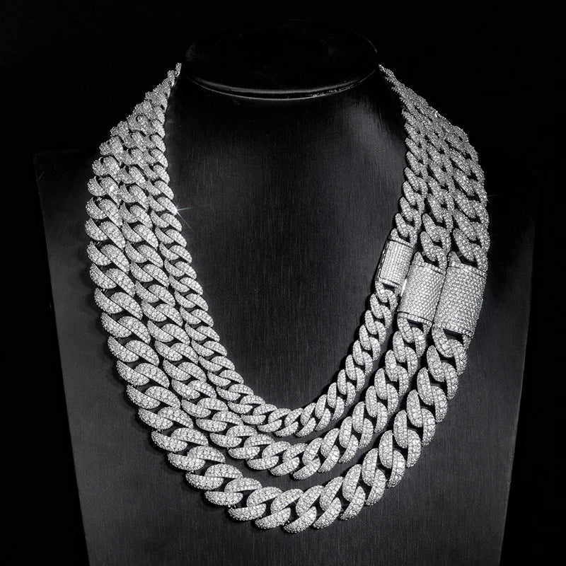 12mm 15mm 18mm Hip Hop 5A+ CZ Stone Pave Bling Ice Out Solid Bubble Round Cuban Miami Link Chain Necklace for Men