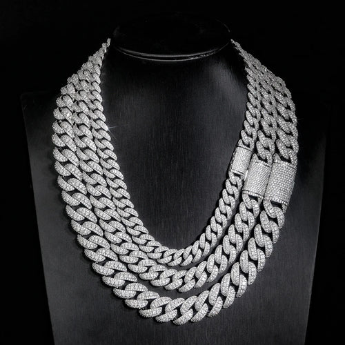 12mm 15mm 18mm Hip Hop 5A+ CZ Stone Pave Bling Ice Out Solid Bubble Round Cuban Miami Link Chain Necklace for Men