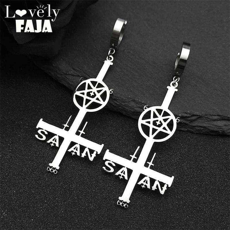 Cross Silver Earrings Satan Inverted Pentagram