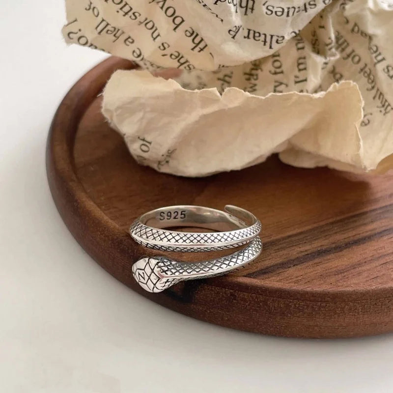 Buyee 925 Sterling Silver Male Ring Finger Elegant Snake Open Ring for Man Fashion Gray Animal Rock Punk Fine Jewelry Circle