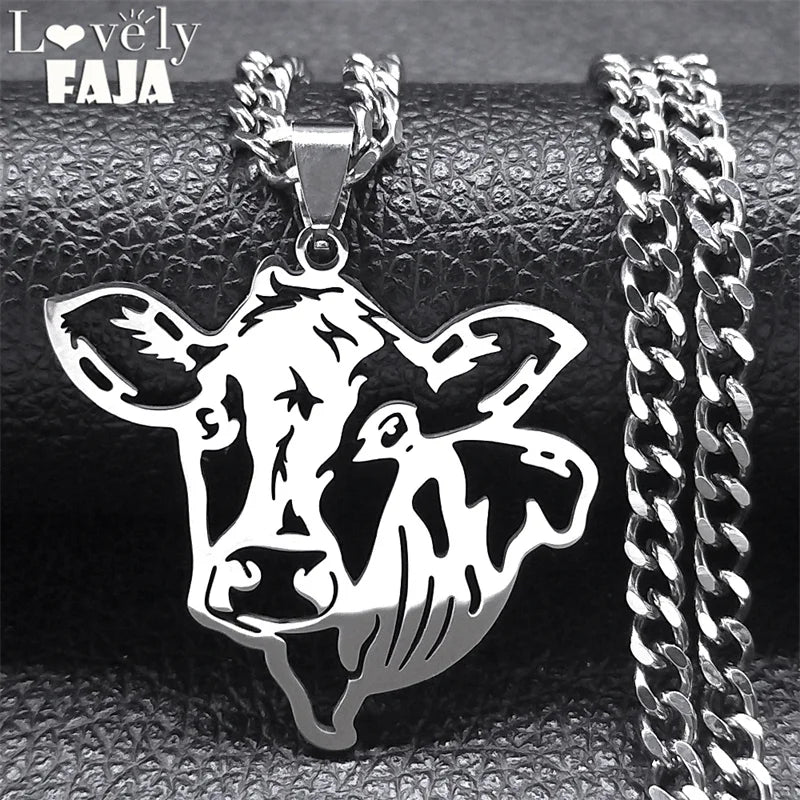 Cow Head Hollow Pendant — Silver Stainless