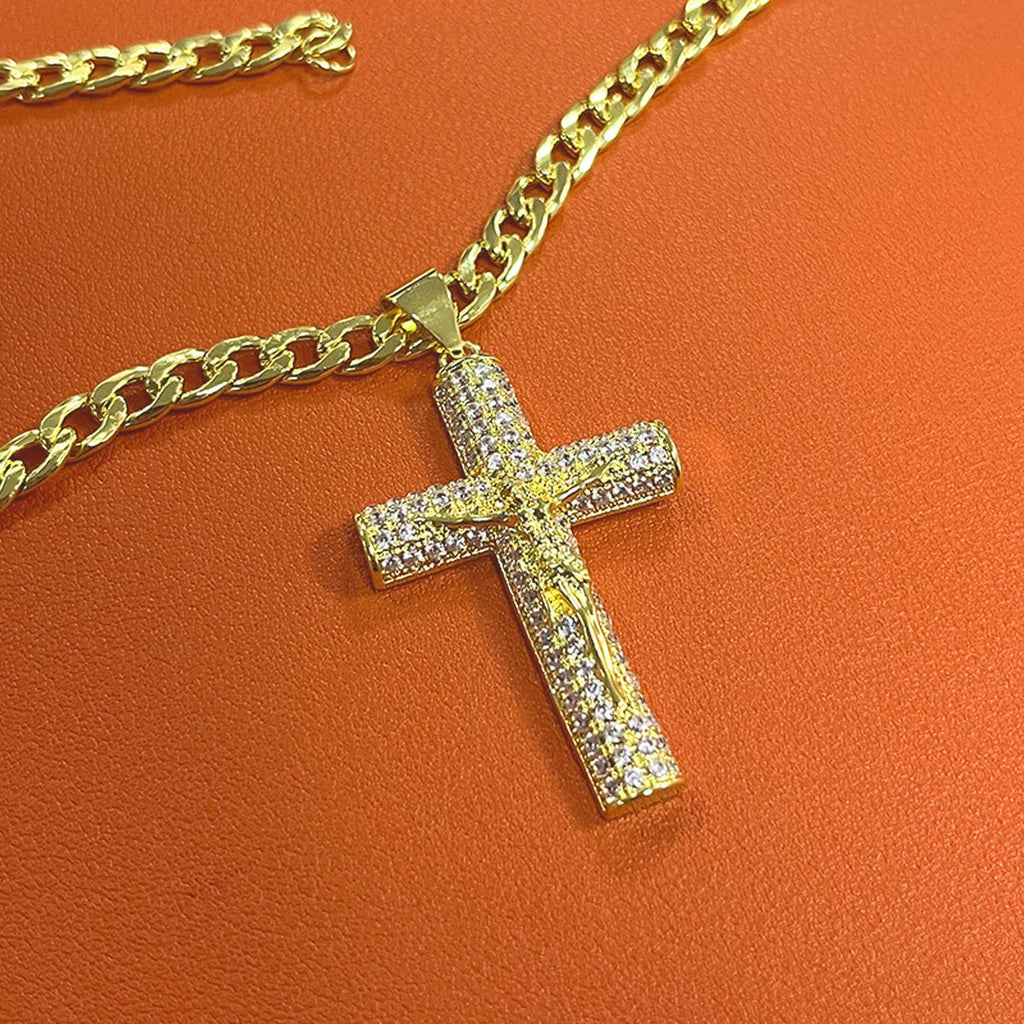 Gold-Plated Cross Necklace for Men Advanced Nanotech Tarnish-Free Cuban Figaro Rope Miami Chains with Jesus Crucifix
