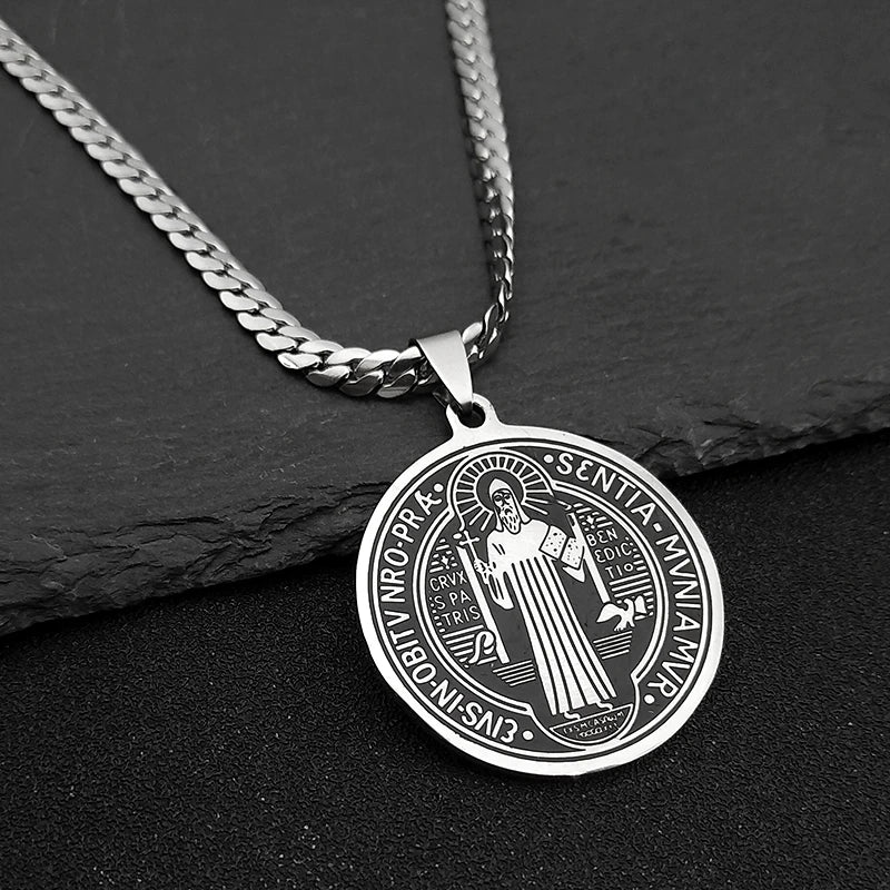 San Benito Exorcist Pendant Necklace for Women Men Stainless Steel Christian Saint Benedict Religious Amulet Chain