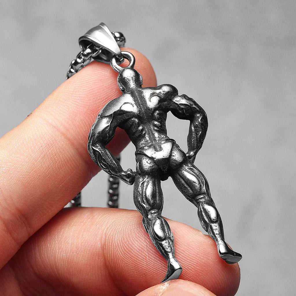 Bodybuilder Muscle Man Pendant Necklace — Stainless Steel