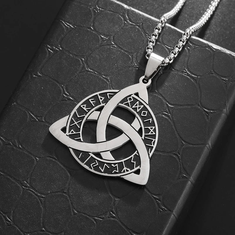 Stainless Steel Trinity Celtic Knot Nordic Rune Pendant Necklace Retro Ethnic Style Irish Knot Lucky Amulet Jewelry for