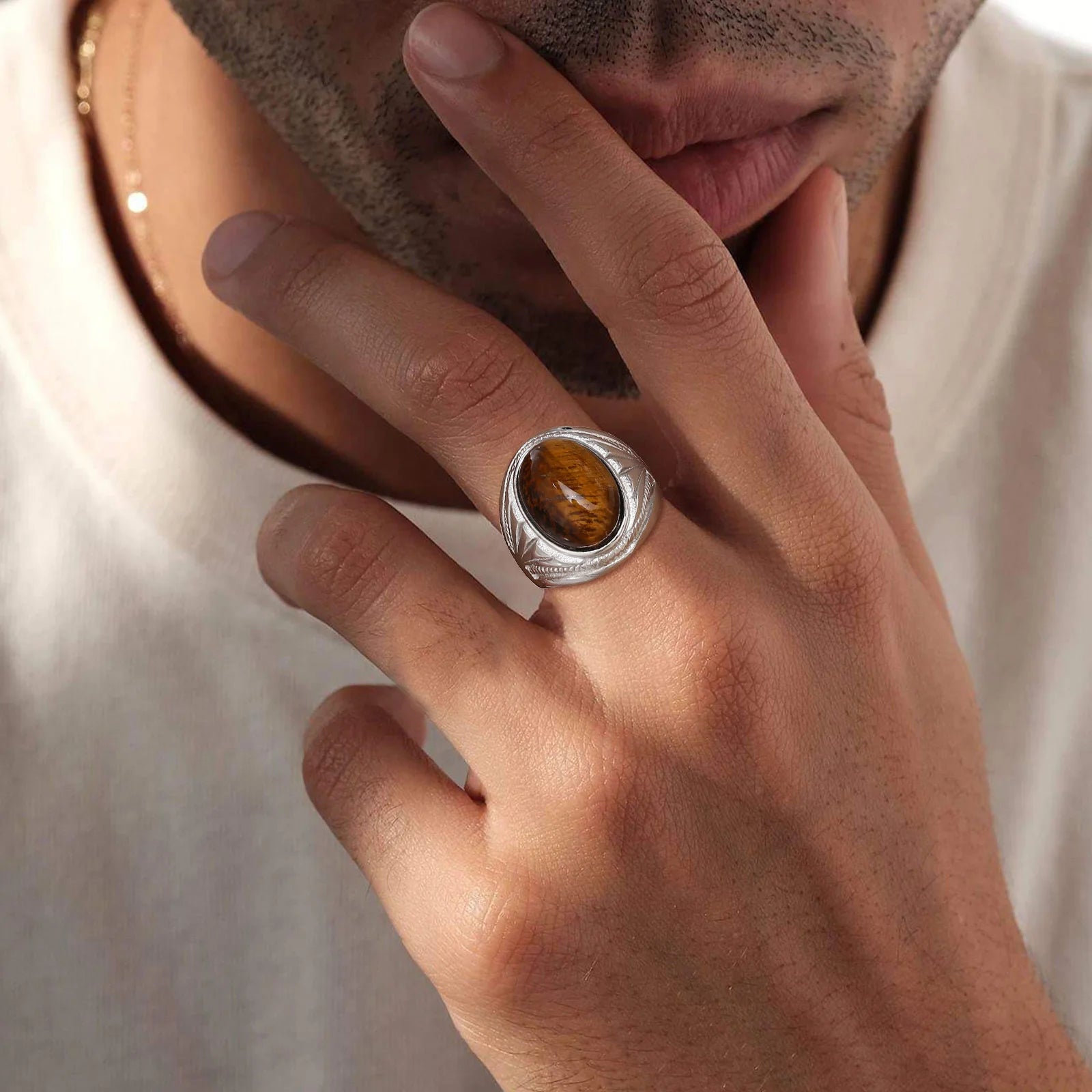 Tiger Eye Stone Oval Ring — Stainless Steel