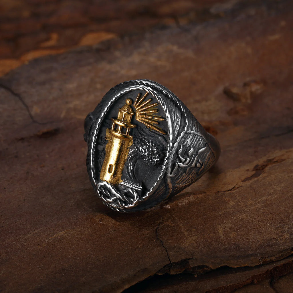 Retro Ocean Lighthouse Ring for Men — Stainless Steel