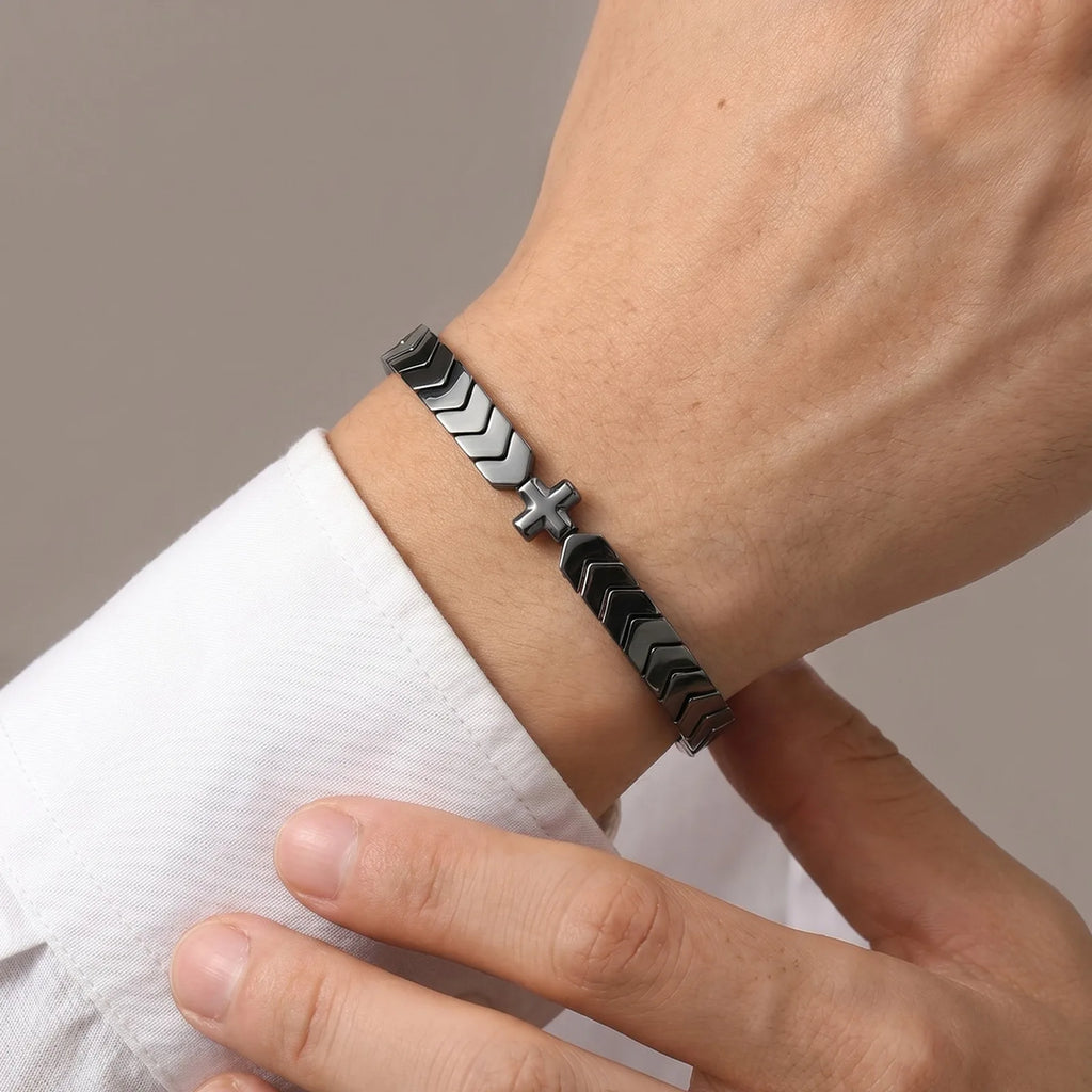 Vnox Cross Beaded Bracelet for Men Him, Dark Gothic Chain Link Jewelry, Punk Religious Statement Gift for Dad Father