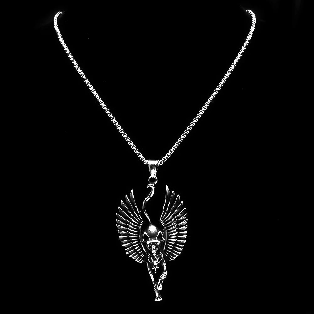 Vintage Egyptian Winged Cat Goddess Bastet Pendant Necklace Stainless Steel Silver Color Ancient Egypt Chain Necklaces