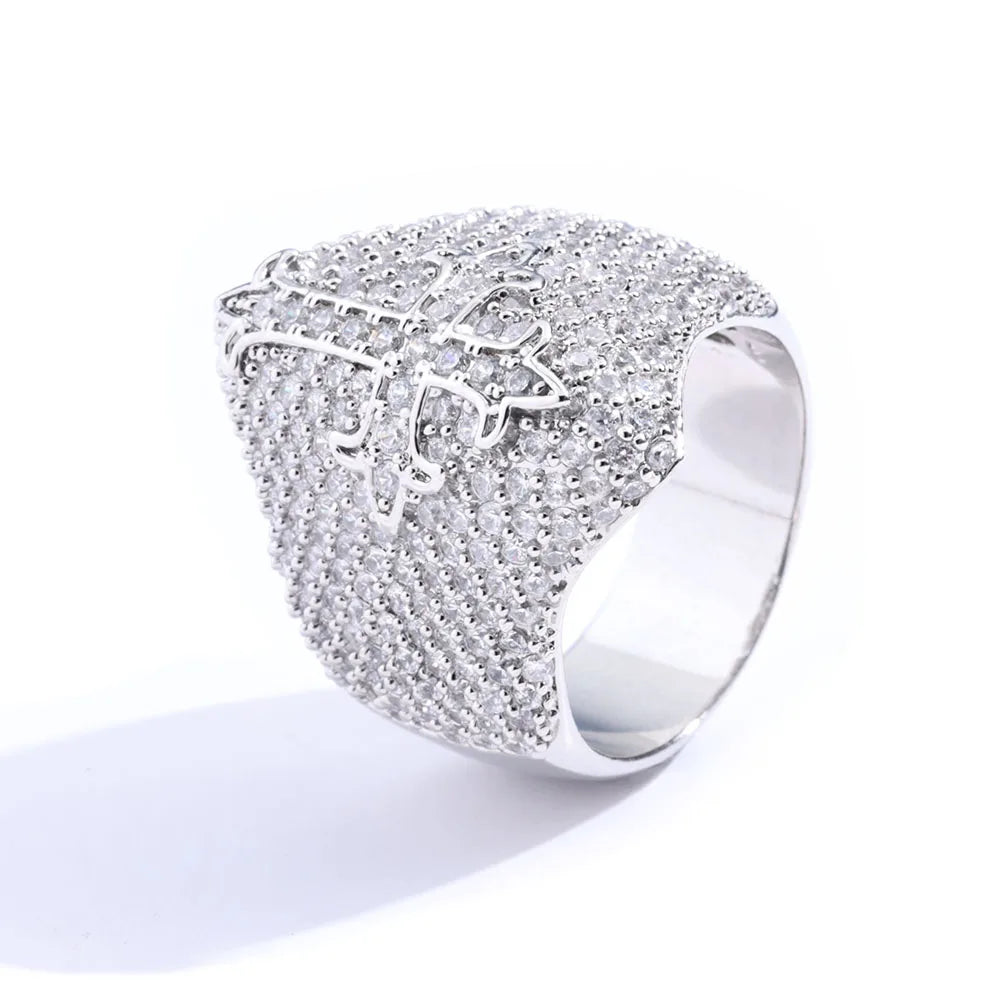 Iced Out Round & T-Shaped Cuban Cross Ring — Copper Alloy