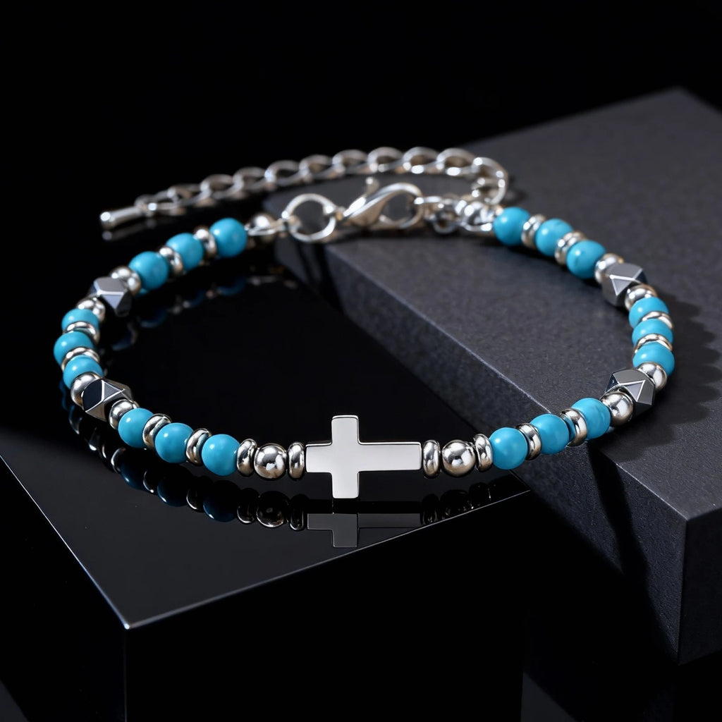 Vintage Classic Stainless Steel Cross Adjustable Bracelet for Men, Black Onyx Natural Stone Beads Chain Wristband,Trendy Jewelry