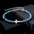 Vintage Classic Stainless Steel Cross Adjustable Bracelet for Men, Black Onyx Natural Stone Beads Chain Wristband,Trendy Jewelry