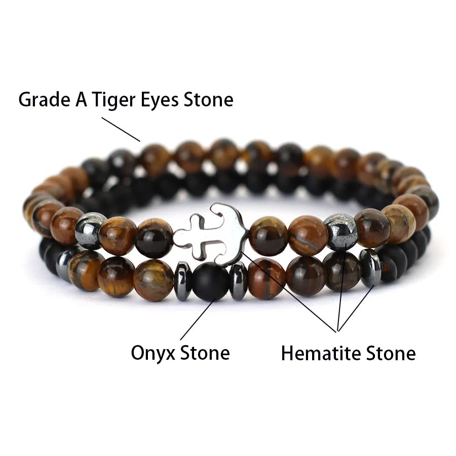 Cool 2Pcs/Set Anchor Stone Bracelet Man Howlite Obsidian Tiger Eyes Grade A Beaded Strand Braslet Fashion Boyfriend