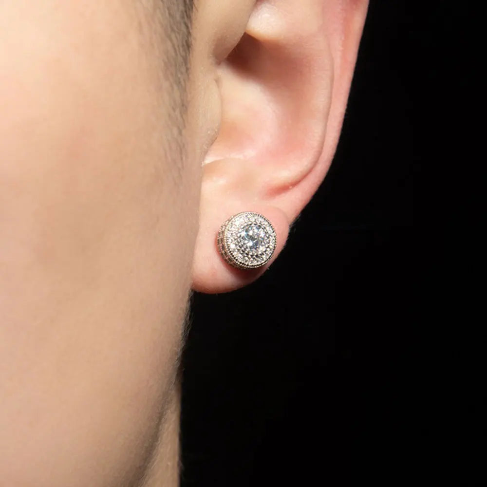 Iced Out Round CZ Stud Earrings Stainless Steel