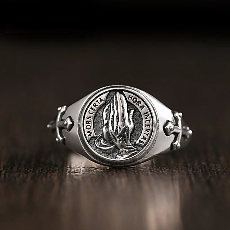 Dark Engraved Symbol Adjustable Open Ring — Stainless Steel