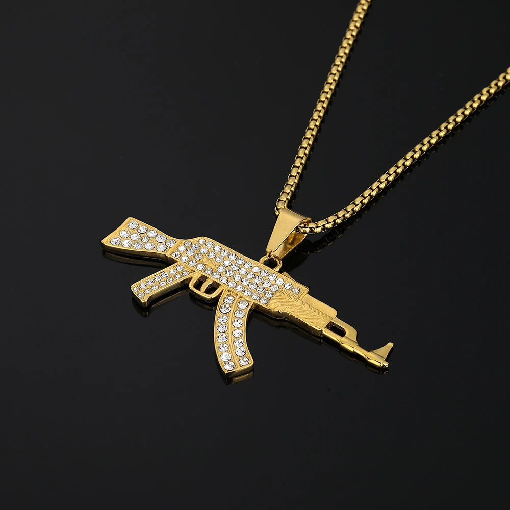 Punk Assault Rifle AK47 Gun Iced Out Shiny CZ Pendant Gold Color Stainless Steel Rapper Necklace Man Hippie Military Jewelry