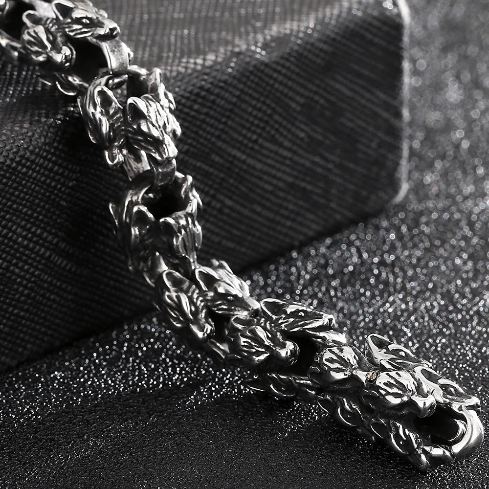 Gothic Stainless Steel Bracelets Man 12MM Wide Wolf Head Link Chain Bracelet for Men Wrist Strap Punk Nordic Viking