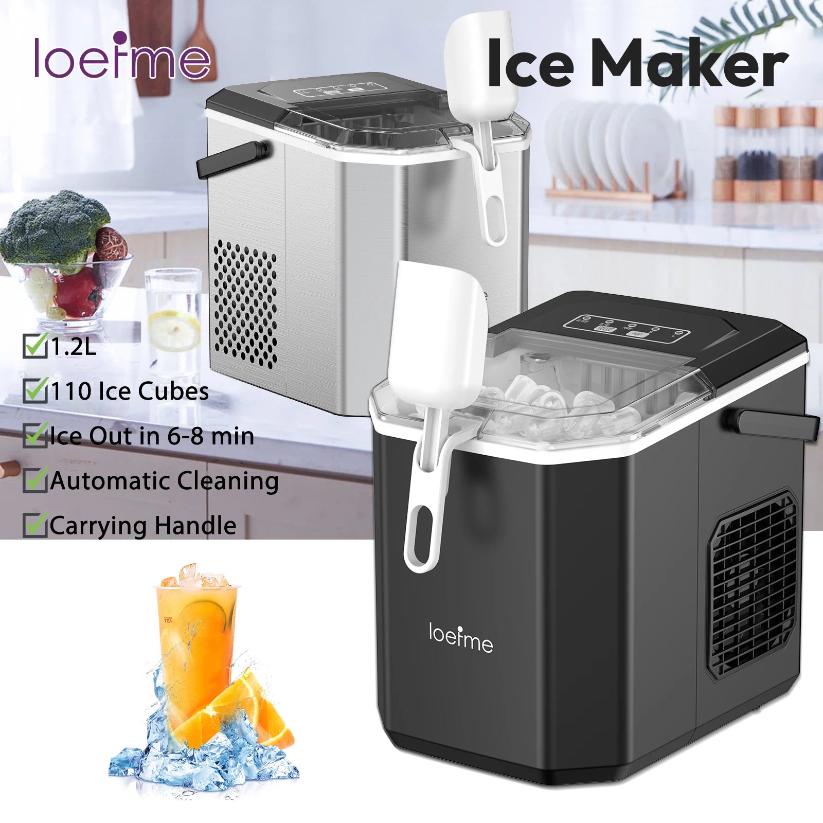 Loefme Desktop Fully Automatic Bullet Shaped Ice Maker 12kg/24h Fast Ice Making Suitable For Home Automatic Cleaning