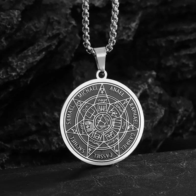 Stainless Steel Solomon Religious Seven Archangels Compass Pendant Necklace Men's Retro Lucky Amulet Jewelry
