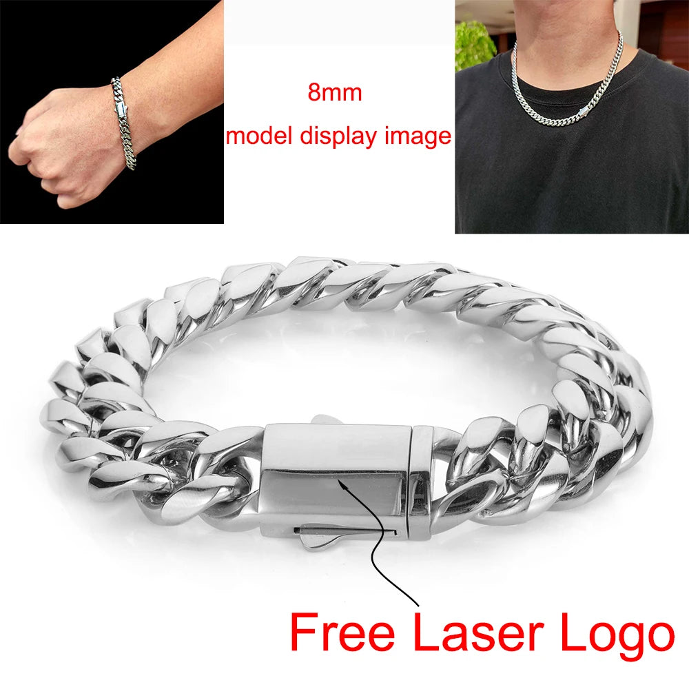 Silver Cuban Chain Necklace Stainless Steel 8/10/12MM